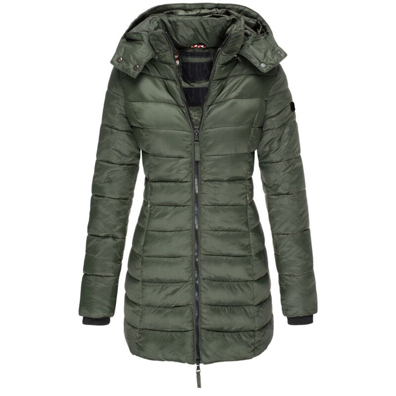 Green longline hooded jacket with horizontal quilting and a zip front.