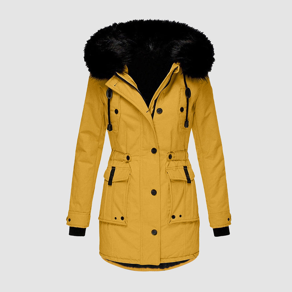 Yellow jacket with a button front and two flap pockets.