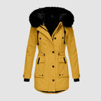 Yellow jacket with a button front and two flap pockets.