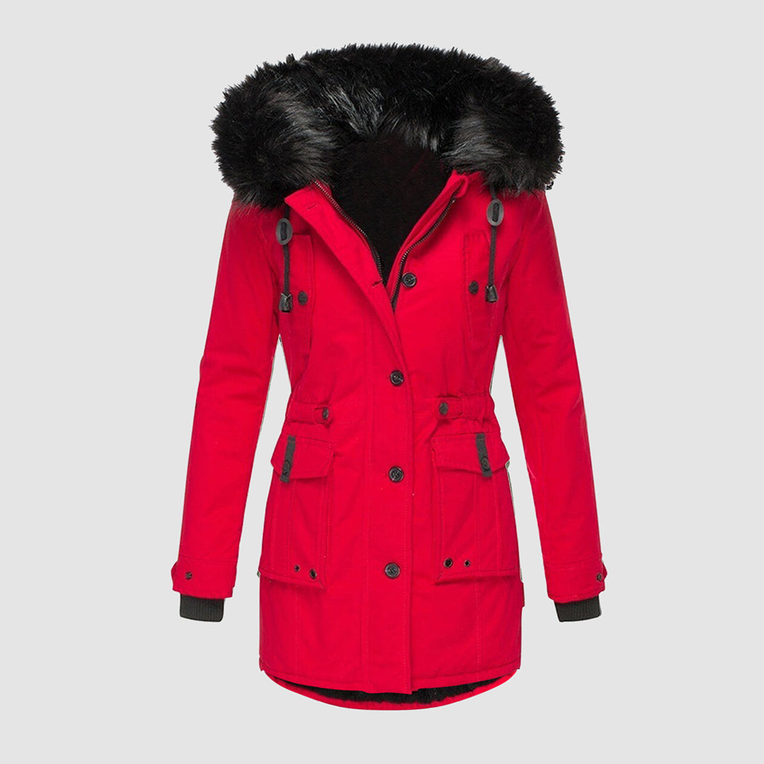 Red jacket shown from the front with hood cords.