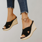 Black crossed-strap wedge sandals shown from the side.