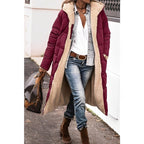 Wine-red long coat with a cream textured lining.