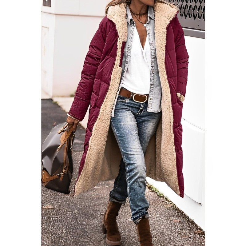 Wine-red long coat with a cream textured lining.