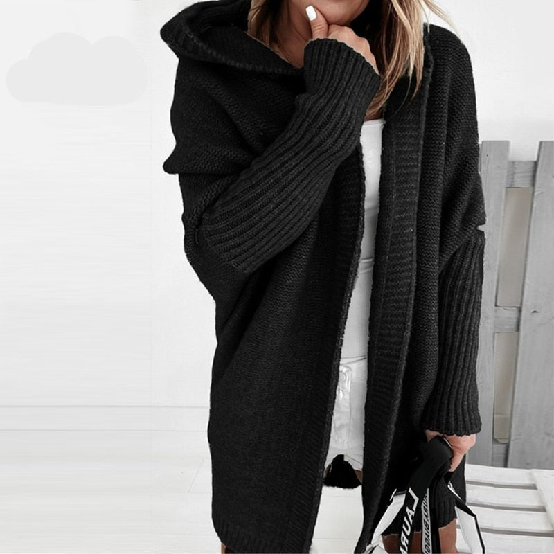 Black open cardigan with a wide hood and ribbed cuffs.
