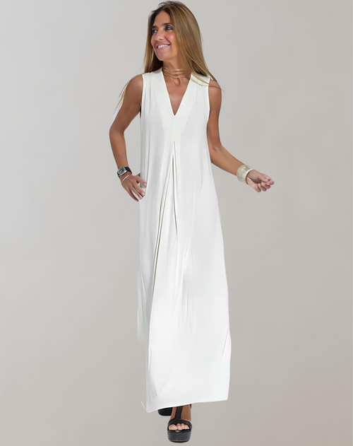 White sleeveless V-neck maxi dress with a loose shape and front pleat.