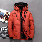 Red hooded jacket with zipped chest and side pockets.