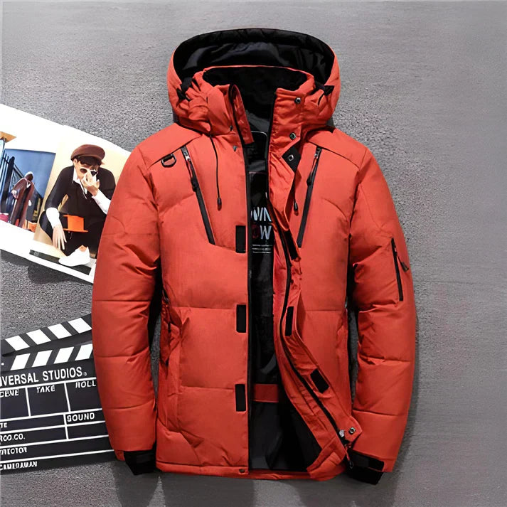Red hooded jacket with zipped chest and side pockets.
