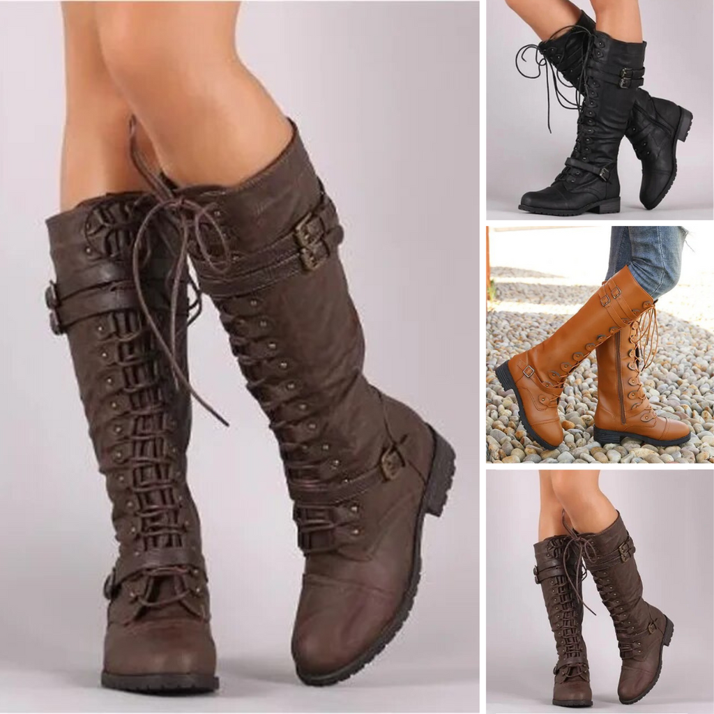 Collage of brown, black and tan tall boots with laced fronts and buckled straps.