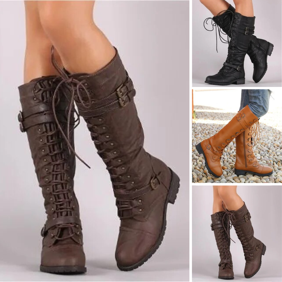 Collage of brown, black and tan tall boots with laced fronts and buckled straps.