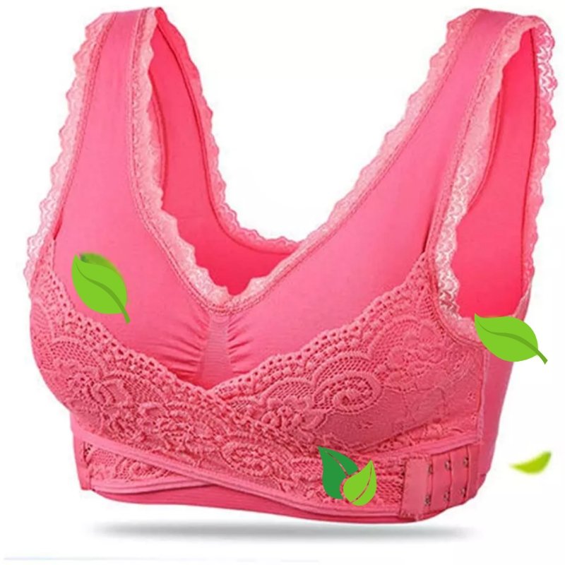 Pink lace-trim bra with side hook fastenings.