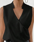 Close-up of the black top with a crossover V-neck and short collar.