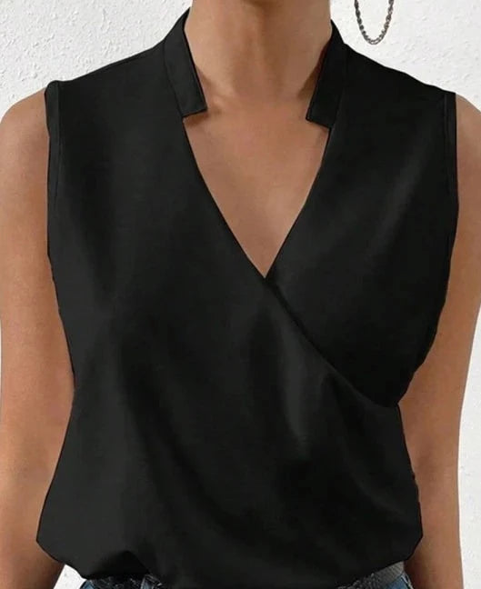 Close-up of the black top with a crossover V-neck and short collar.