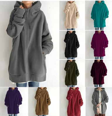 Collage of long zip-up hoodies in several colours.