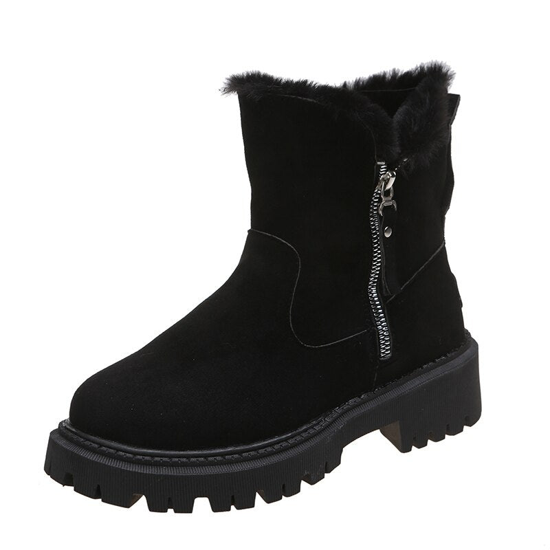 Single black boot with side zip and plush upper edge.