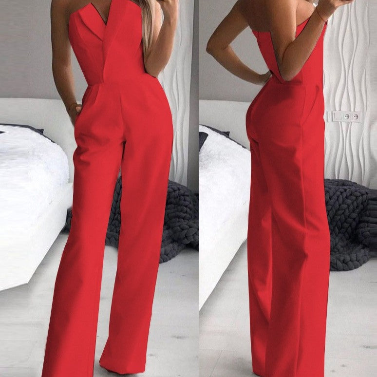 Front and rear views of a red strapless jumpsuit showing its open upper back and straight legs.