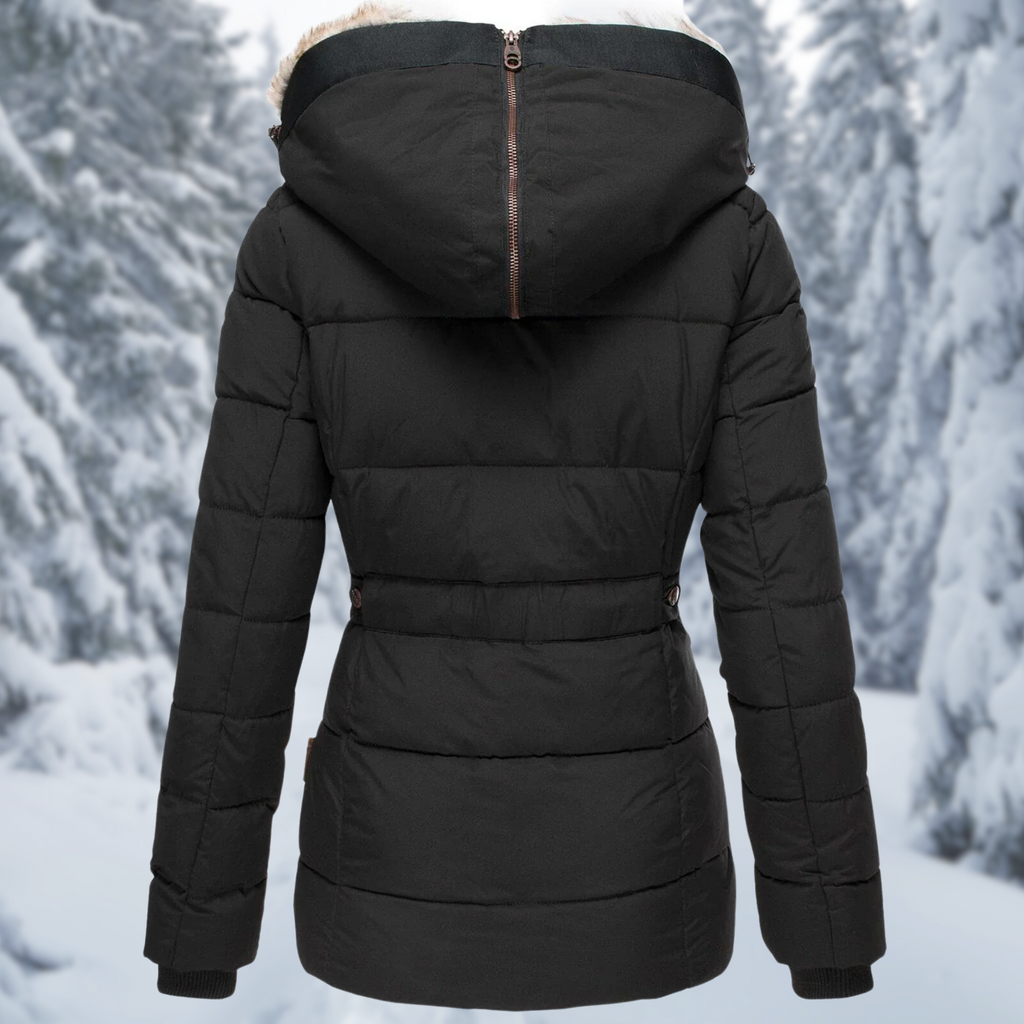 Back view of a black quilted jacket with its hood zipped closed.