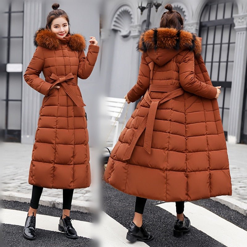 Rust-toned long quilted coat shown from the front and rear.