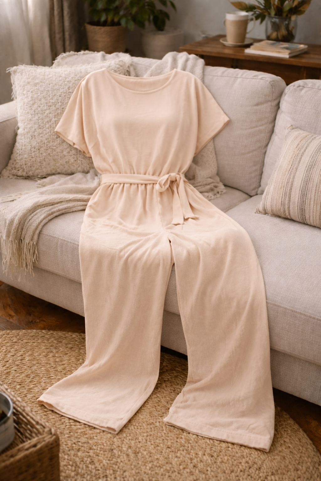 Beige wide-leg jumpsuit with short sleeves and a matching belt, arranged on a sofa.