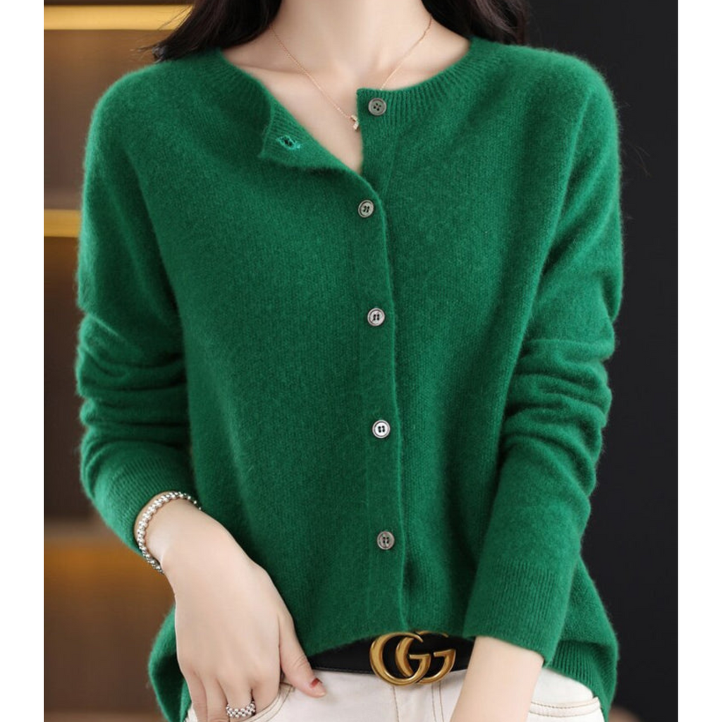 Dark green cardigan with long sleeves and an open top button.
