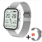 Silver-tone smartwatch with a digital display, metal-mesh strap and additional grey strap.