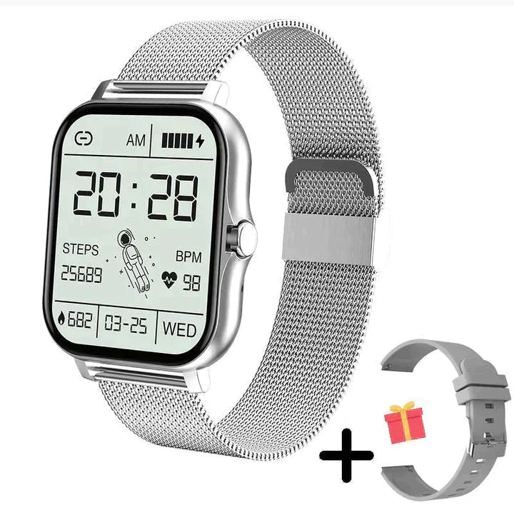 Silver-tone smartwatch with a digital display, metal-mesh strap and additional grey strap.