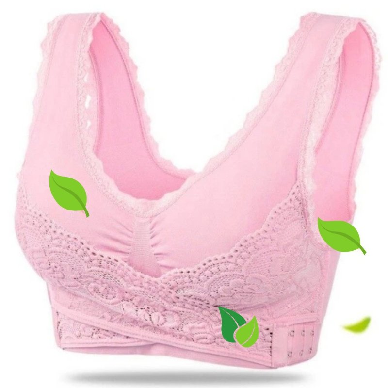 Light-pink lace-trim bra with crossed front bands.
