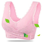 Light-pink lace-trim bra with crossed front bands.