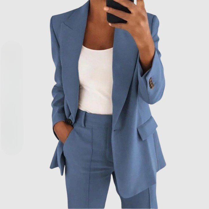 Blue blazer and matching trousers with a single front button.