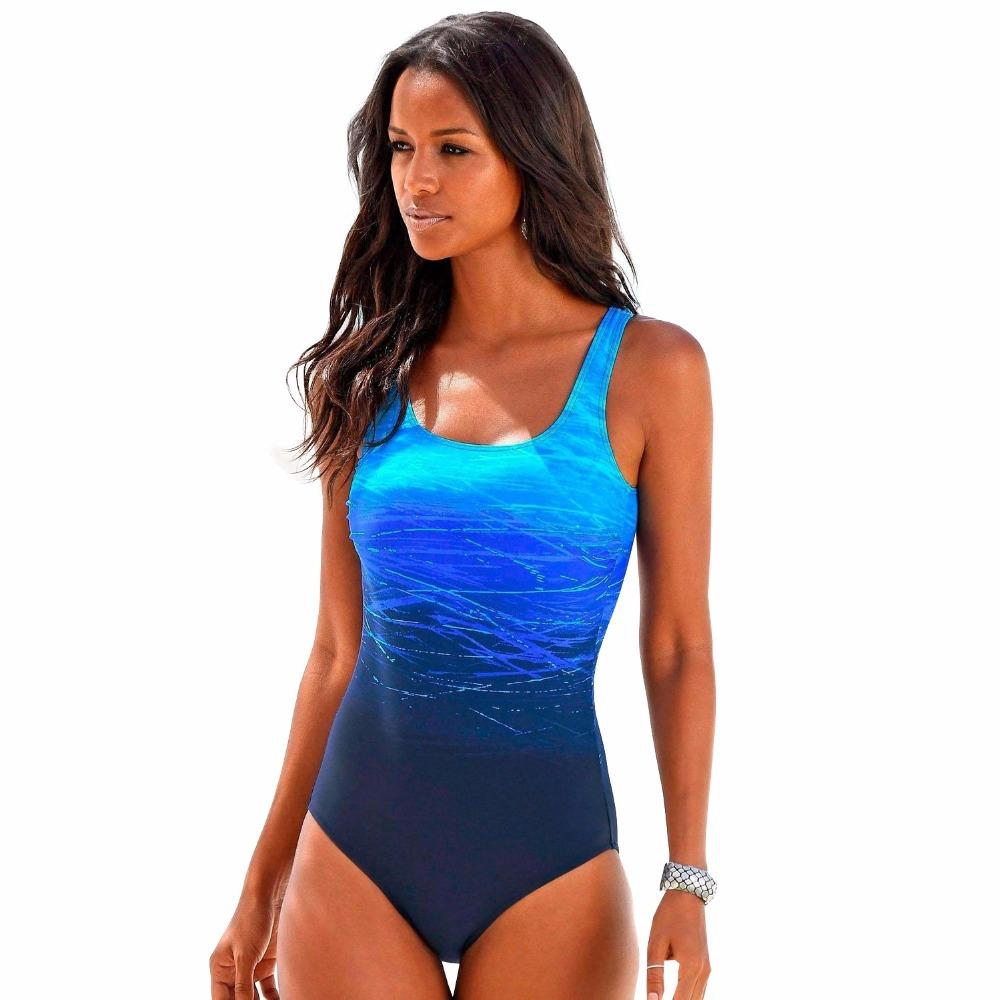 Front view of blue ombré one-piece swimsuit.