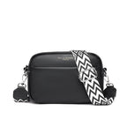 Black shoulder bag with a wide black-and-white strap.