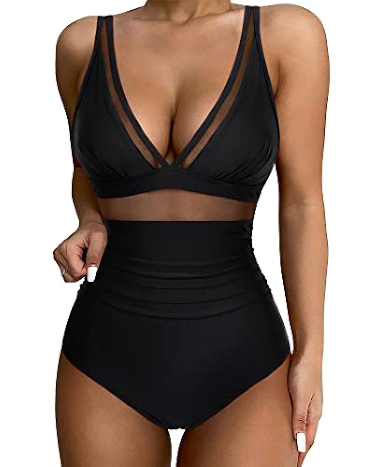 Front view of a black one-piece swimsuit with mesh inserts.