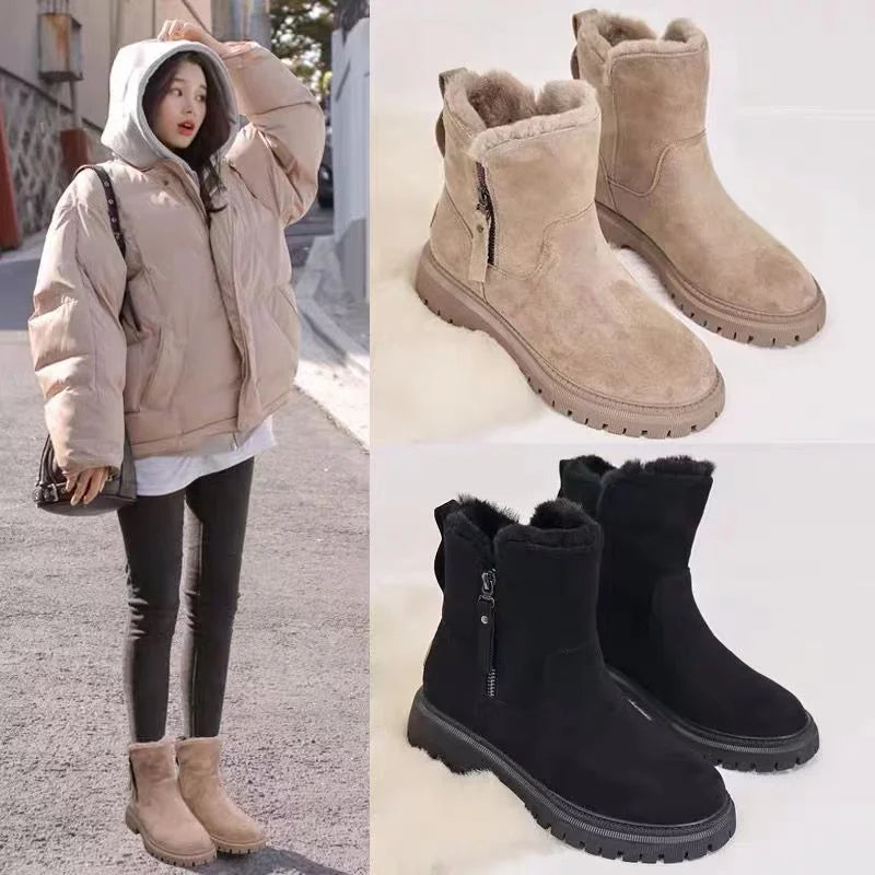 Dazzle boots in apricot and black beside a winter outfit.