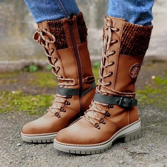 Brown boots with knit cuffs and full-length side zips.
