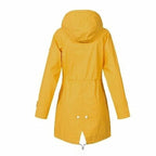 Back of a yellow hooded coat with a gathered waist and split lower hem.