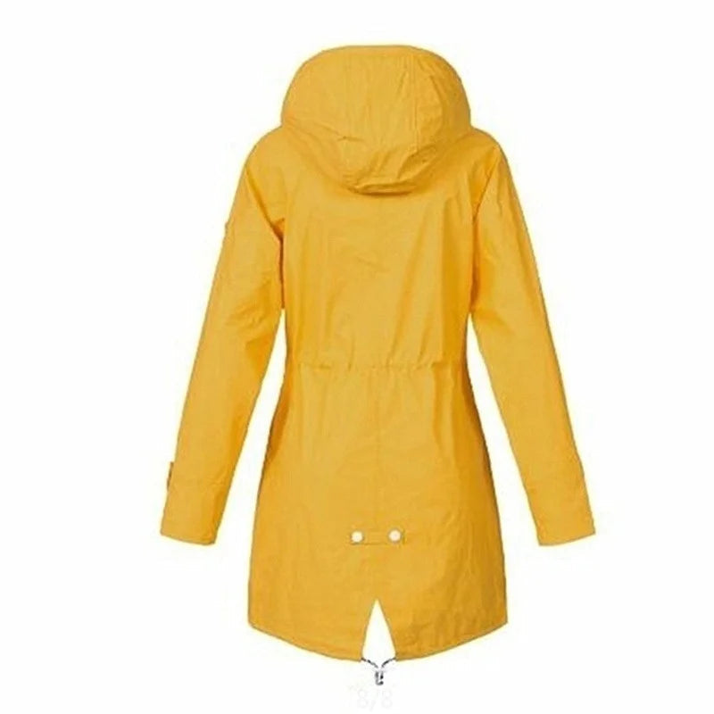 Back of a yellow hooded coat with a gathered waist and split lower hem.