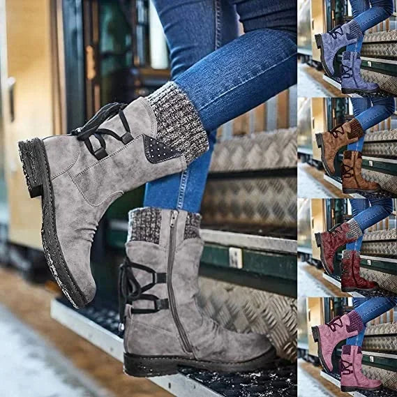 Grey winter boots worn with jeans, with smaller blue, brown, red and purple boot images alongside.