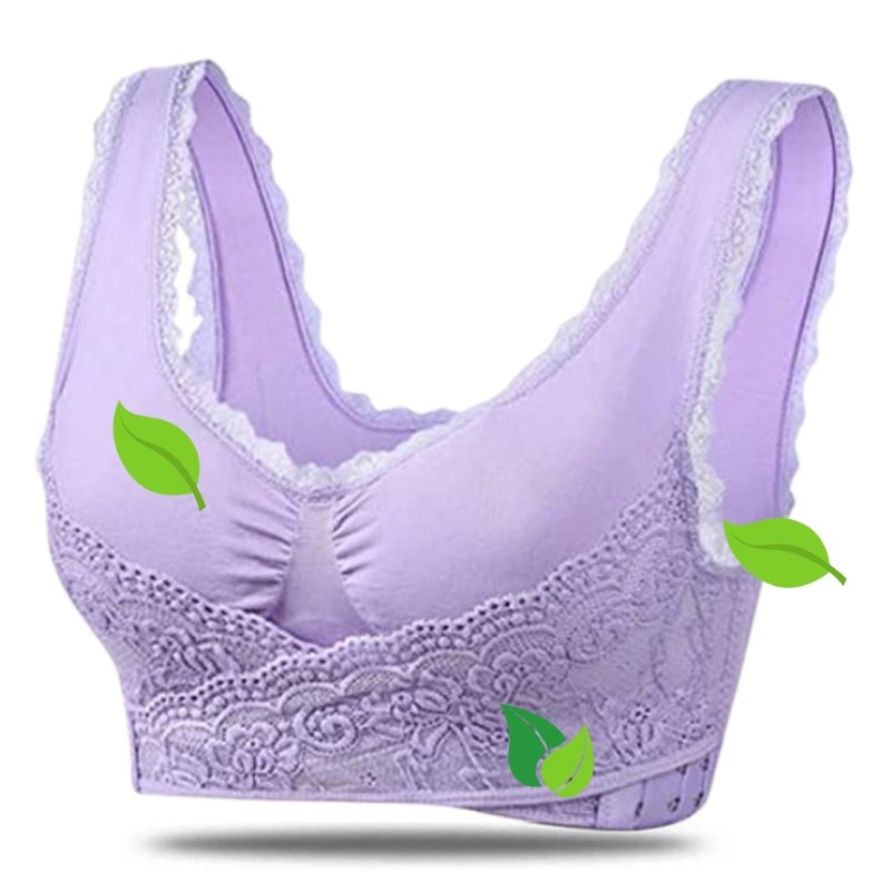 Purple lace-trim bra with a gathered centre.
