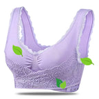 Purple lace-trim bra with a gathered centre.