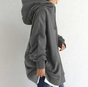 Side view of a grey long hoodie with a dropped shoulder and drawstring hood.