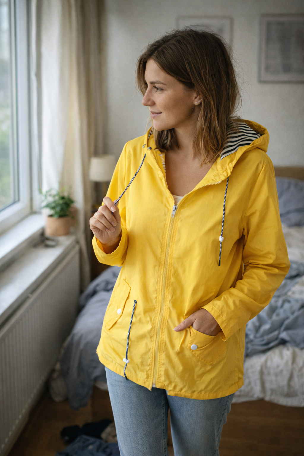 Yellow parka shown beside a window with its hood down.