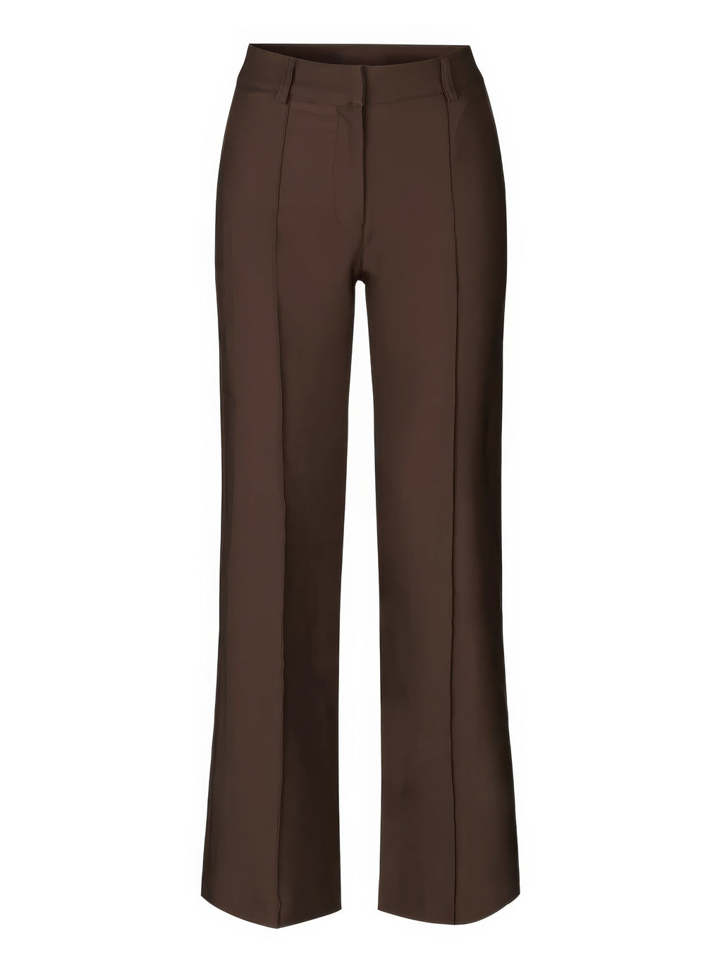 Brown wide-leg trousers with vertical front seams.