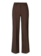 Brown wide-leg trousers with vertical front seams.