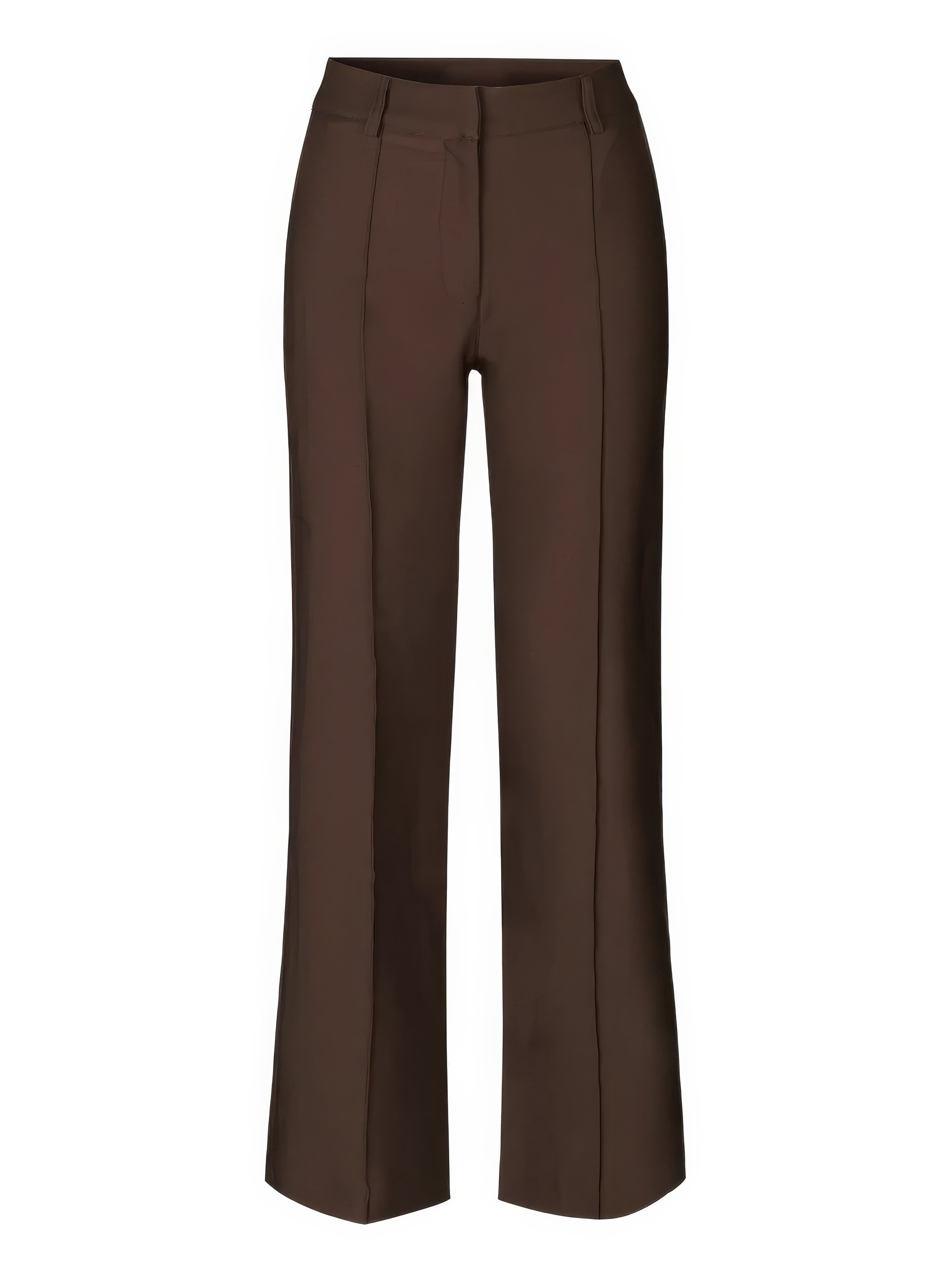 Brown wide-leg trousers with vertical front seams.