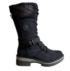 Black tall boot with braided bands and a low block heel.