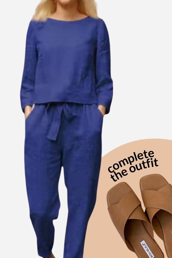 Royal blue trouser set with an inset showing tan sandals as an outfit suggestion.