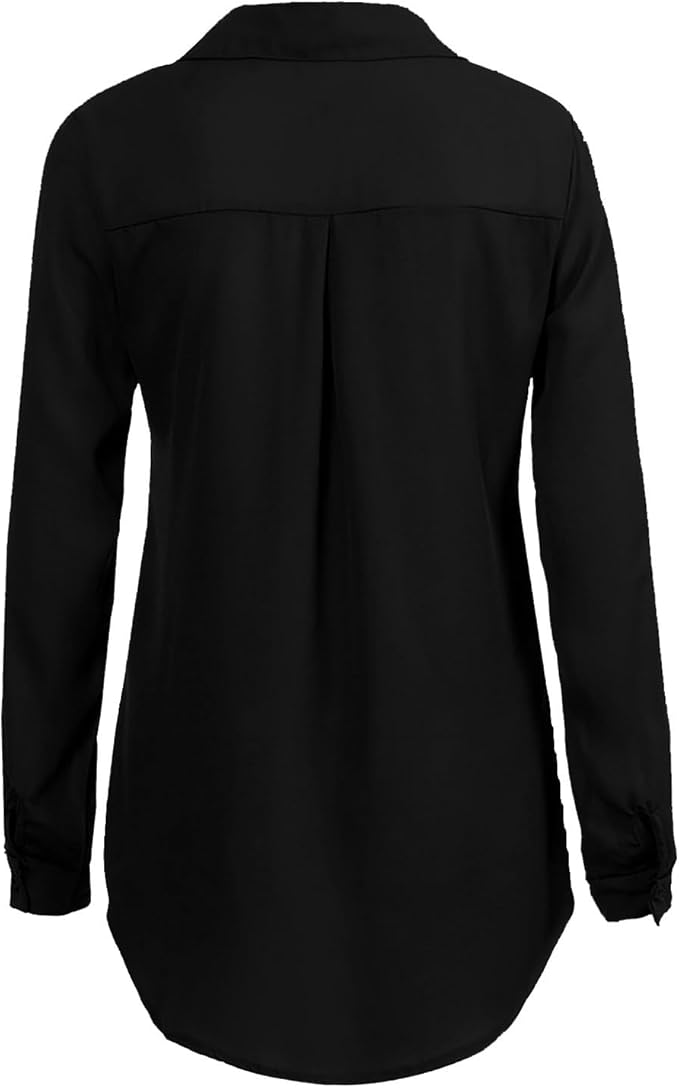 Rear view of black blouse with a curved hem.
