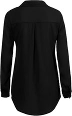 Rear view of black blouse with a curved hem.