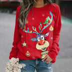 Red round-neck jumper with a cartoon reindeer and decorated antlers.