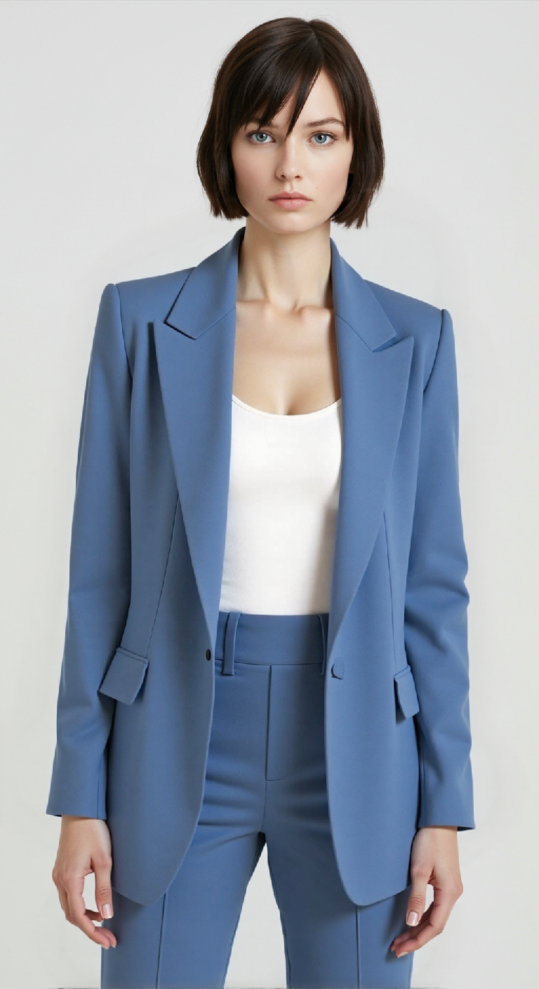 Blue blazer and trousers shown from the front with a white top.