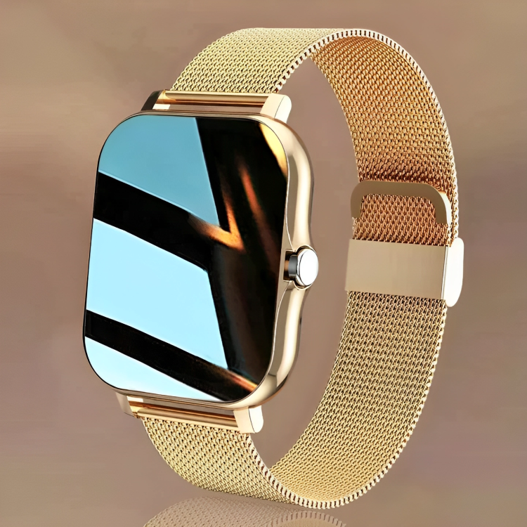Gold-tone rectangular smartwatch with rounded corners and a metal-mesh strap.